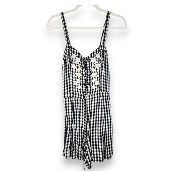 Hollister Black White Gingham Romper Sweetheart Lace-up Embroidered Bodice Small - Picture 11 of 14